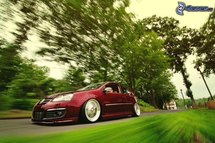 Volkswagen Golf, la vitesse, arbres, lowrider