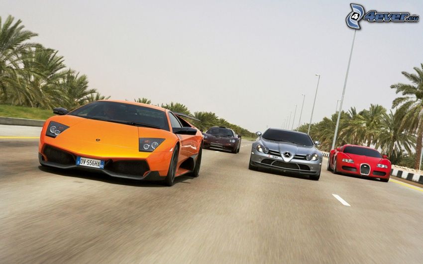 course, Lamborghini, Mercedes, Bugatti Veyron, la vitesse