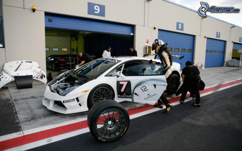 Lamborghini, voiture de course, roue, garage