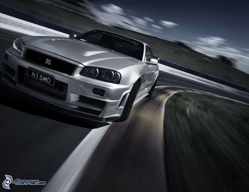 Nissan Skyline GT-R, la vitesse, circuit automobile, noir et blanc