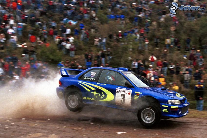 Subaru Impreza WRX, saut, la poussière, spectateurs