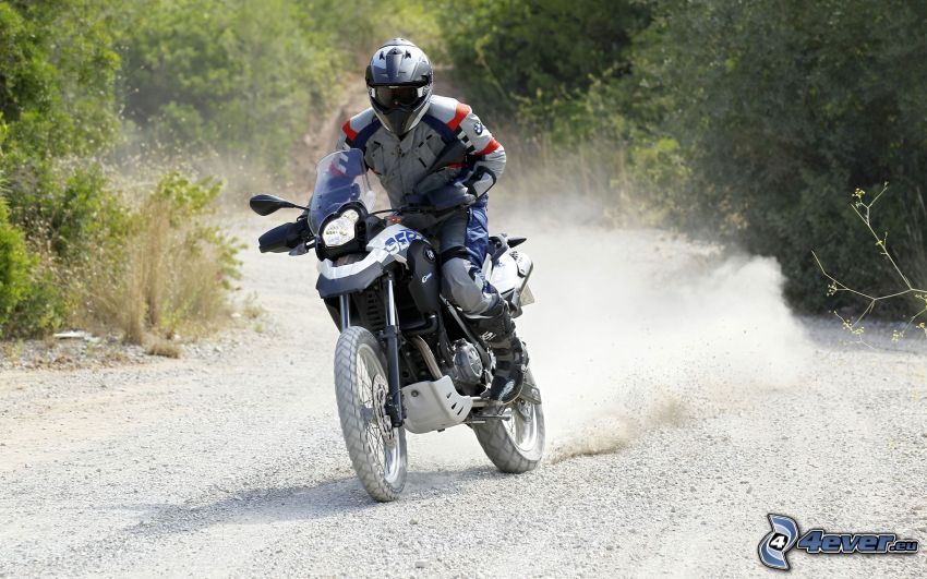 BMW moto, motard, la poussière, arbustes