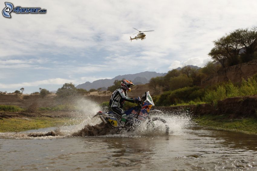 motard, moto, eau, hélicoptère