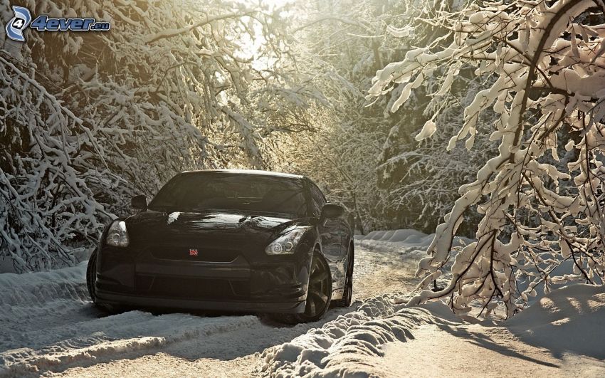 Nissan GTR, forêt enneigée