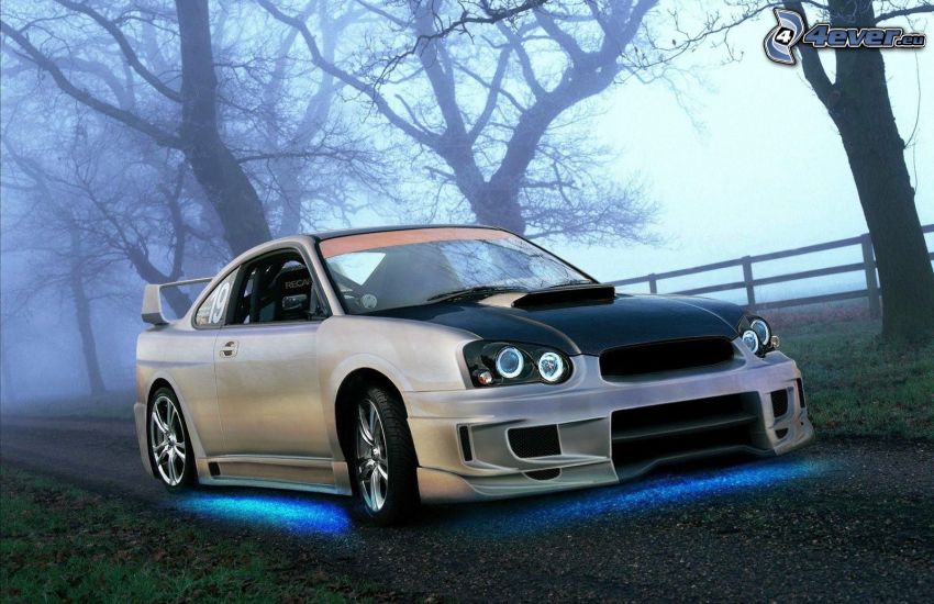 Subaru Impreza WRX, tuning, néon, intérieur, route, brouillard