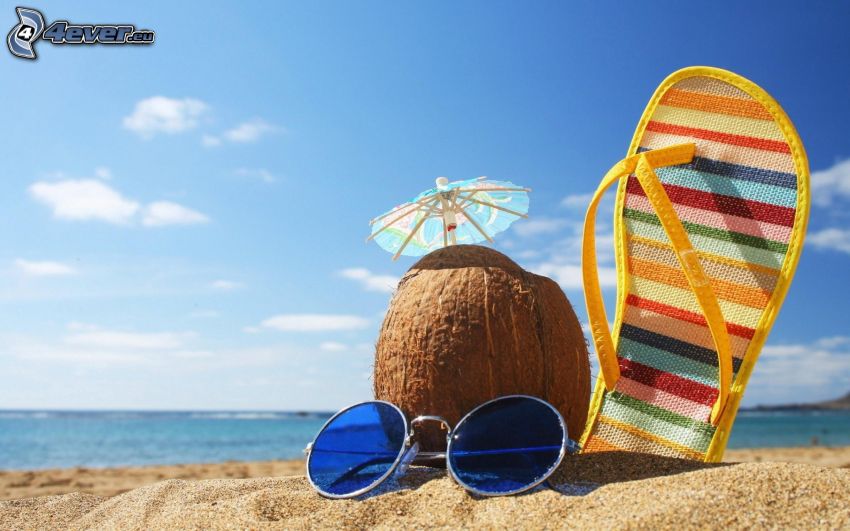 flip flops, noce di cocco, occhiali da sole, spiaggia, mare