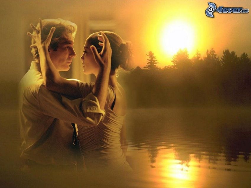 danza, coppia, romanticismo, tramonto dietro il bosco, lago