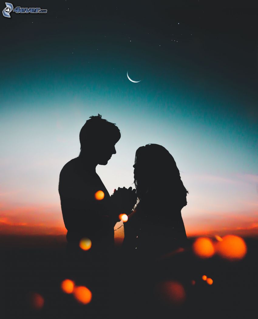 siluetta di una coppia, notte, luna, tenendosi per mano