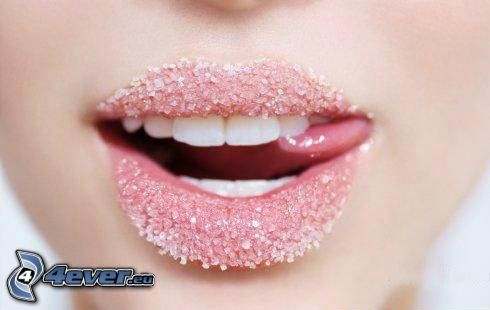 labbra, zucchero, bocca, denti bianchi