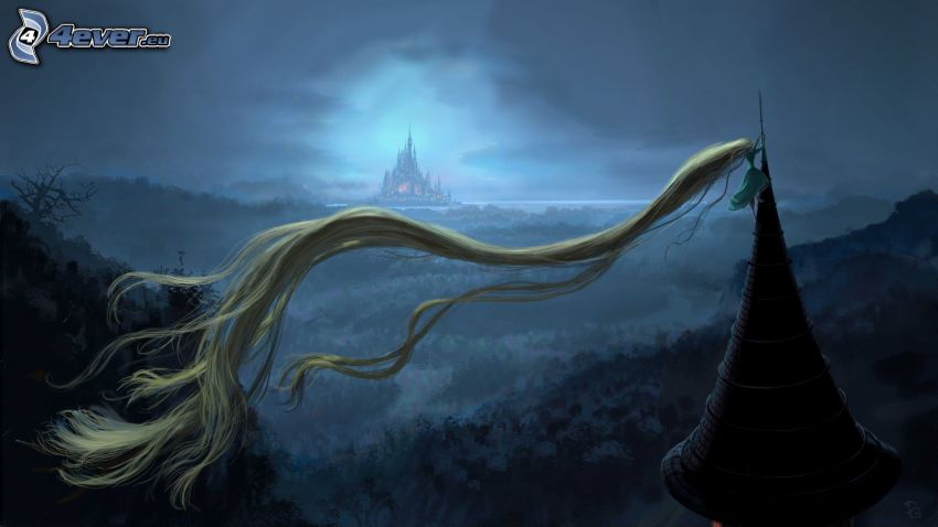 Rapunzel - L'intreccio della torre, capelli lunghi, paesaggio, castello