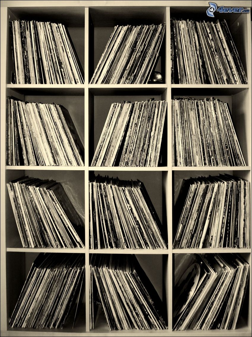 dischi di grammofono, scaffali, foto in bianco e nero