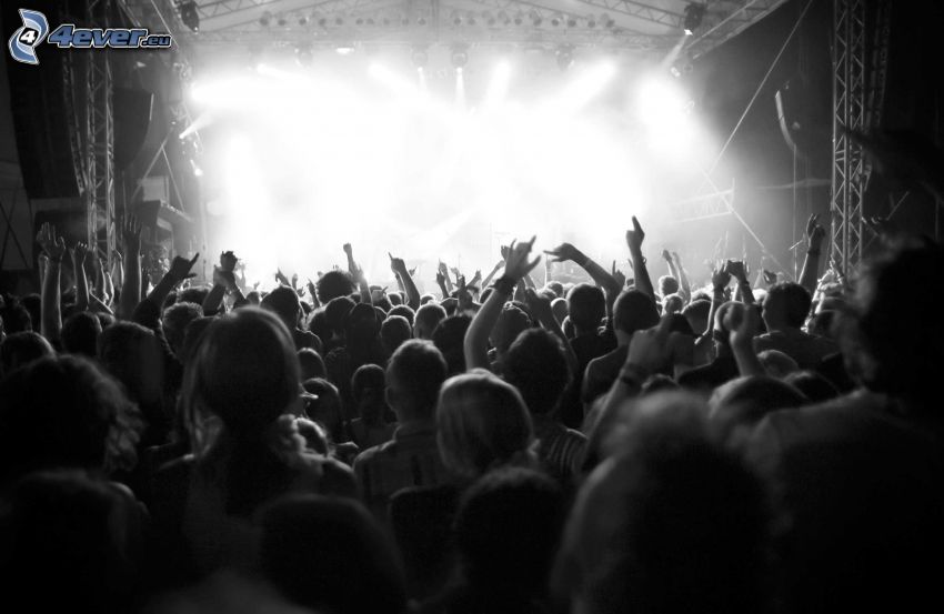 folla, concerto, foto in bianco e nero