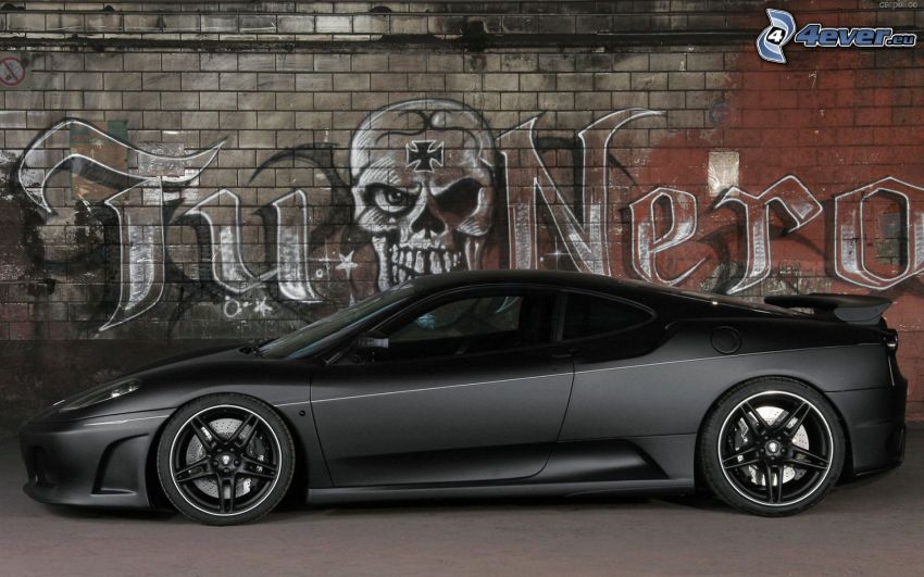 Ferrari F40, muro di mattoni, graffitismo, cranio