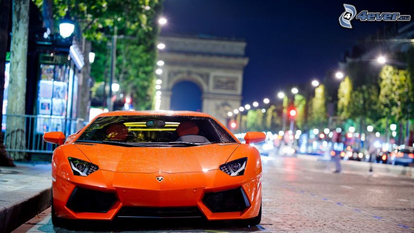 Lamborghini Aventador, strada, notte, Arco di Trionfo, Parigi, Francia