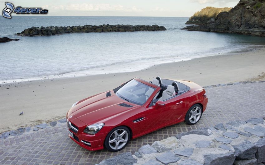 Mercedes-Benz SLK, cabriolet, mare, spiaggia sabbiosa