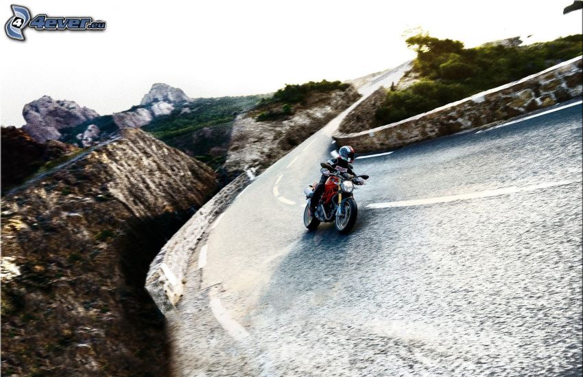Ducati Monster 1100, motociclista, strada, curva