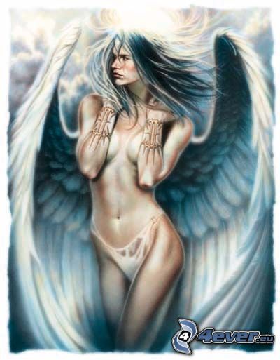 angelo sexy, donna seminuda, topless, donna con le ali