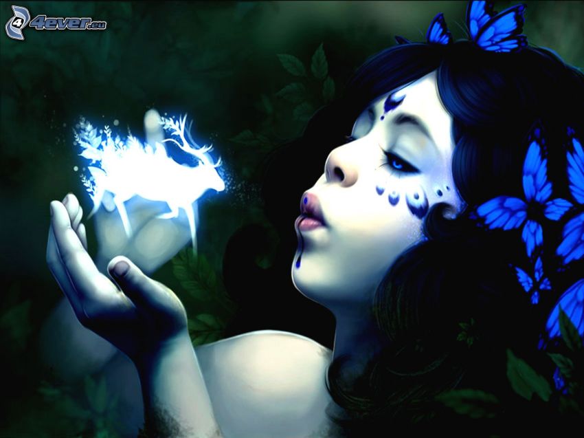 disegno di una ragazza, cervo, fantasma, farfalle blu