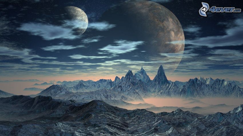 paesaggio fantasy, montagne innevate, lune