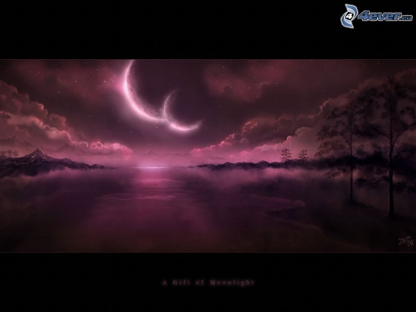 A Gift Of Moonlight, due lune, superficie dell'acqua digitale, cielo viola, siluette di alberi