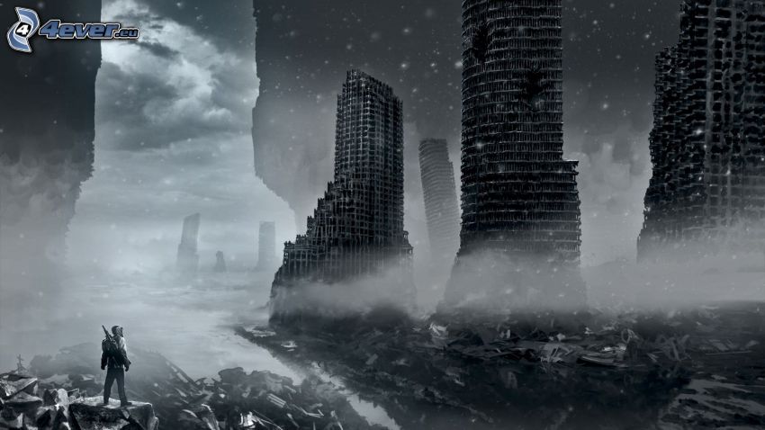 città post-apocalittica, edifici distrutti, bianco e nero