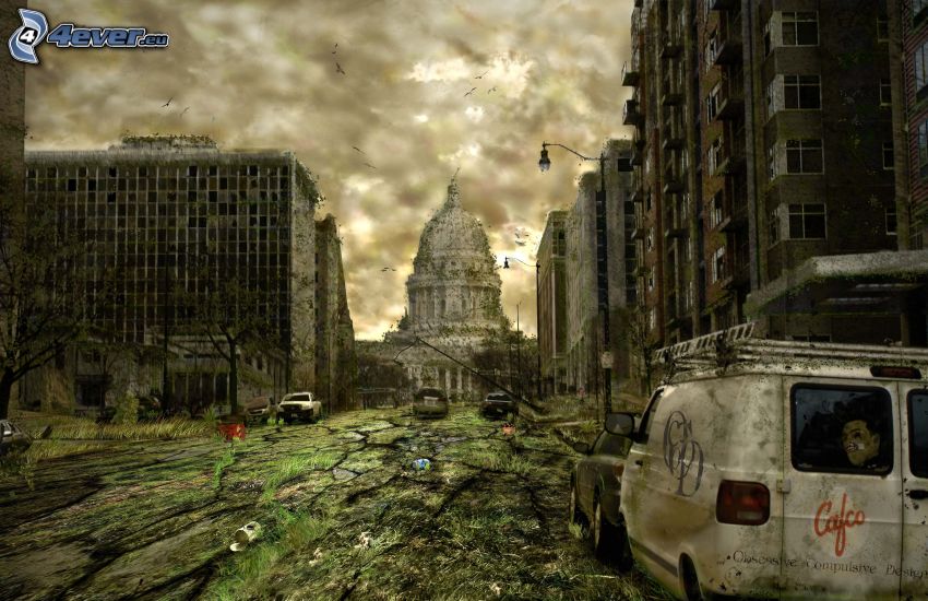 città post-apocalittica, The Capitol, edificio panedile, auto, relitto
