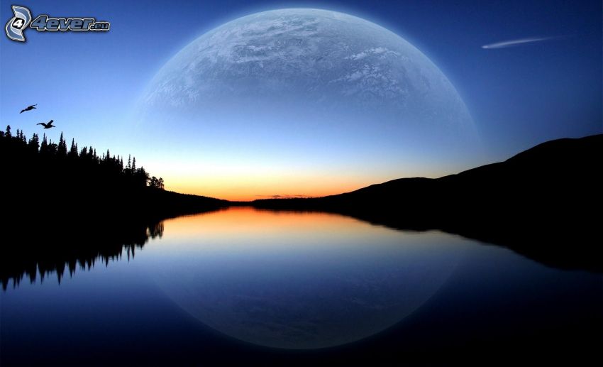 lago calmo di sera, pianeta Terra