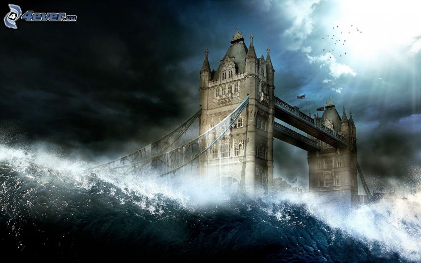 Tower Bridge, acqua, luce, nuvole, arte digitale