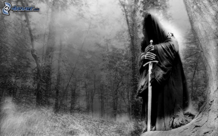 scuro uomo con la falce, foresta, spada