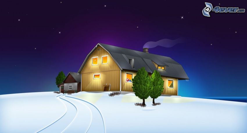 casa, alberi, neve