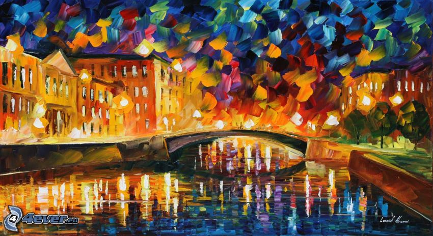 Città di cartone animato, ponte, il fiume, pittura a olio