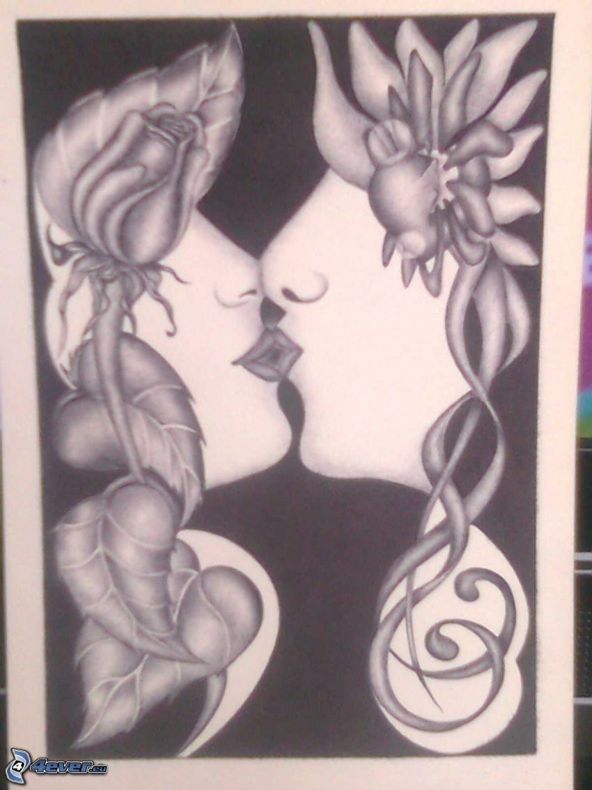 cartoon bacio, fiori disegnati