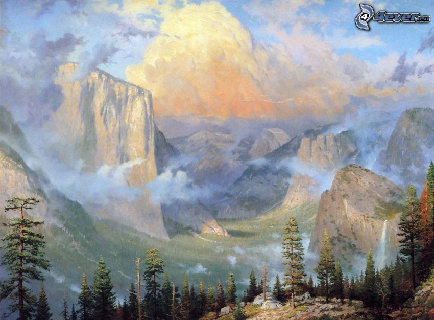 Yosemite Valley, montagne rocciose, alberi di conifere