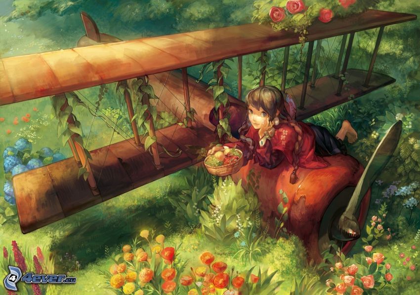 disegno di una ragazza, aereo, biplano, avaria, fiori