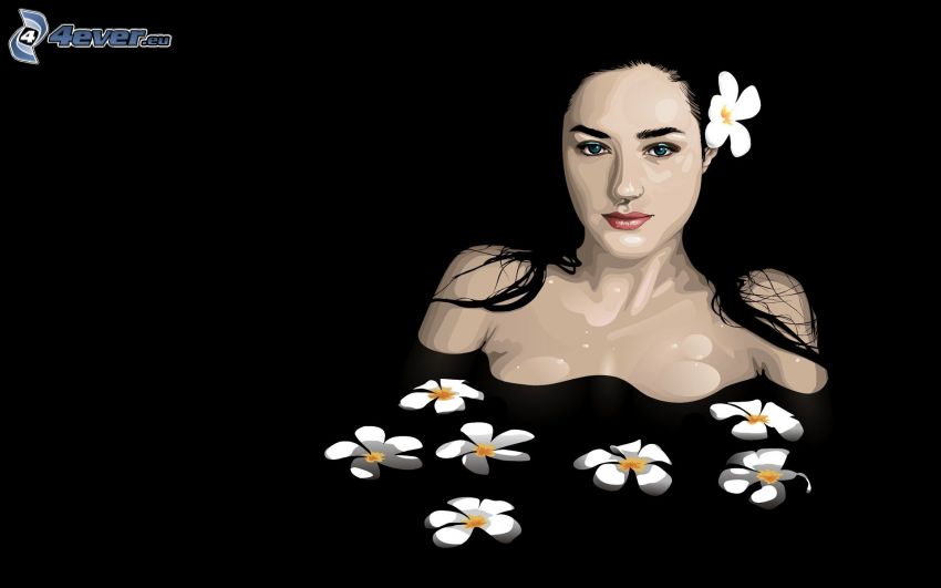 donna animata, fiori bianchi