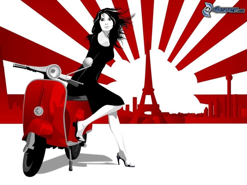 donna animata, scooter, Torre Eiffel