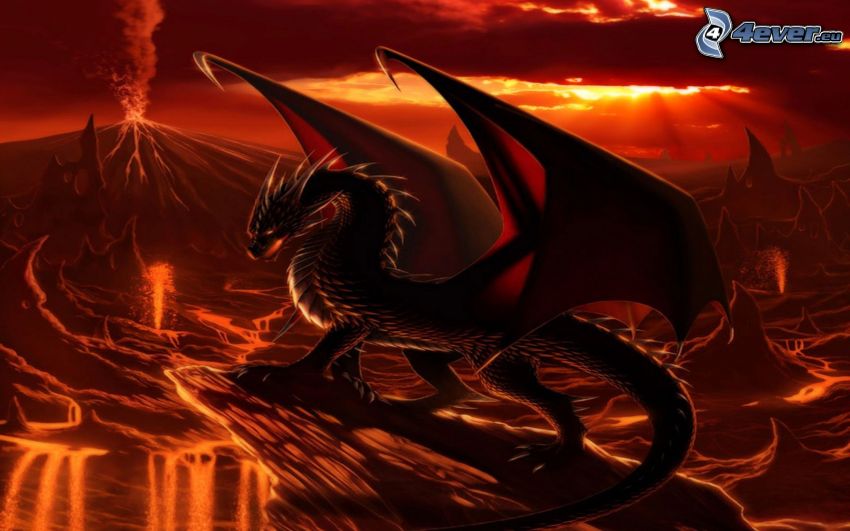 dragone nero, paesaggio infernale, vulcano
