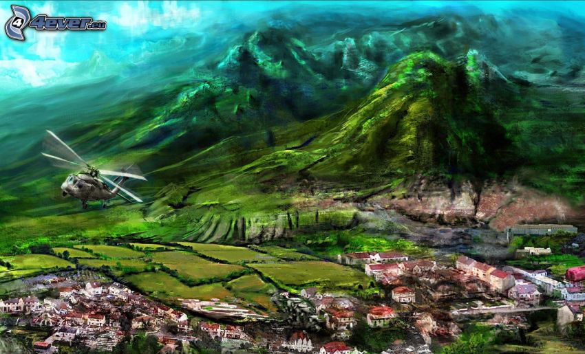 elicottero, villaggio disegnato, colline