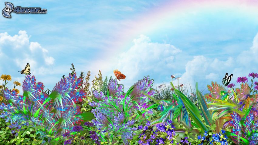 fiori disegnati, farfalle, arcobaleno