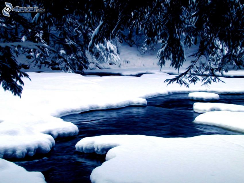fiume nell'inverno, neve