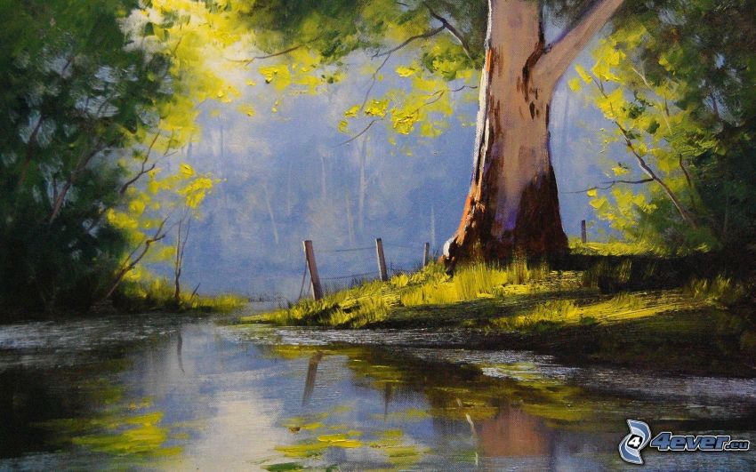 il fiume, albero, recinzione, pittura