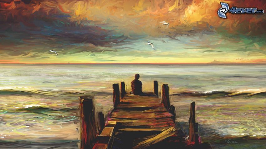 molo di legno, mare, cielo, pittura a olio
