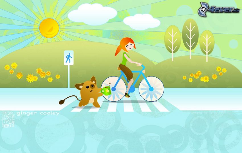 ragazza in bicicletta, animale divertente, sole disegnato, fiori gialli