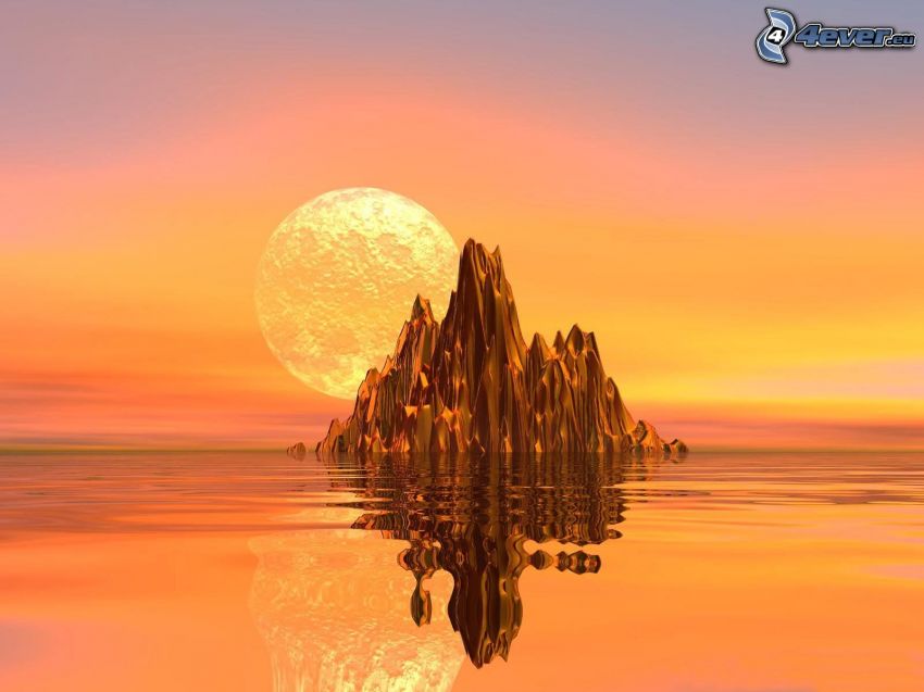 superficie dell'acqua digitale, serata all'alba, luna sopra superficie d'acqua, mare, isola