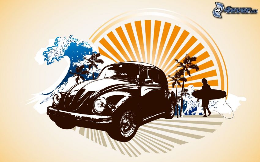 Volkswagen Beetle, veicolo d'epoca, sole, surfer