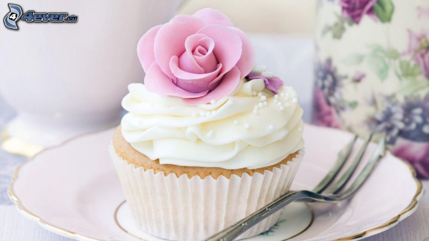 cupcakes, forchetta, panna montana, rosa rosa