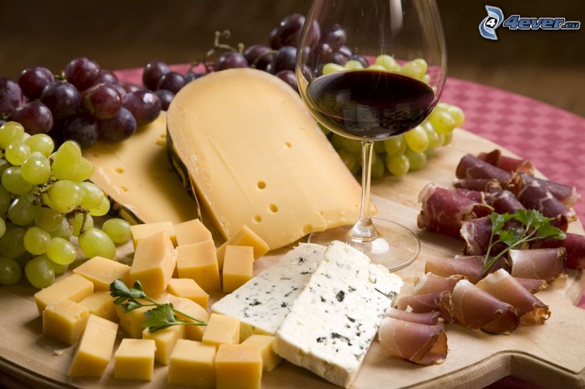 formaggio, vino, uva, pancetta