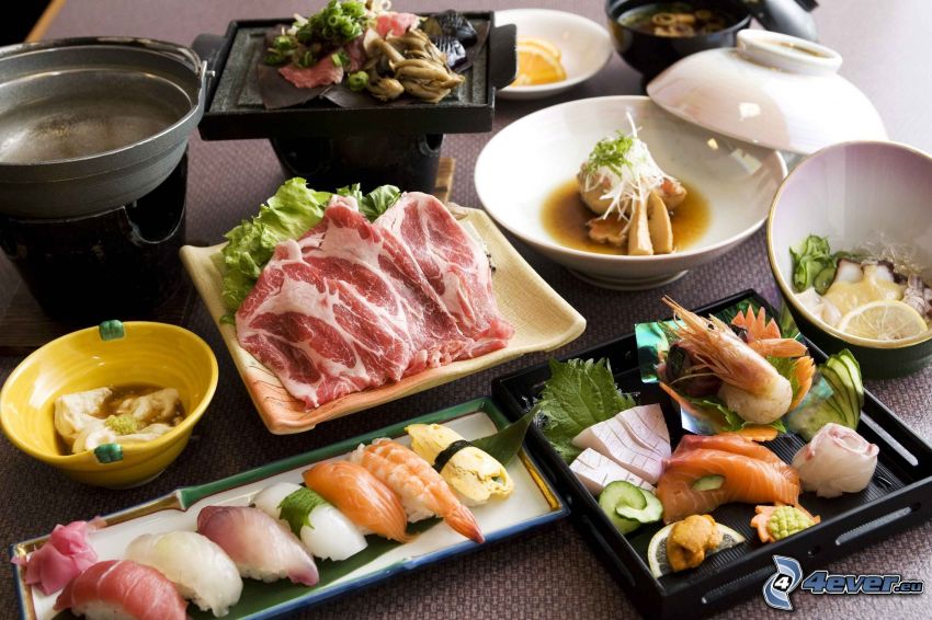 pranzo, carne, sushi