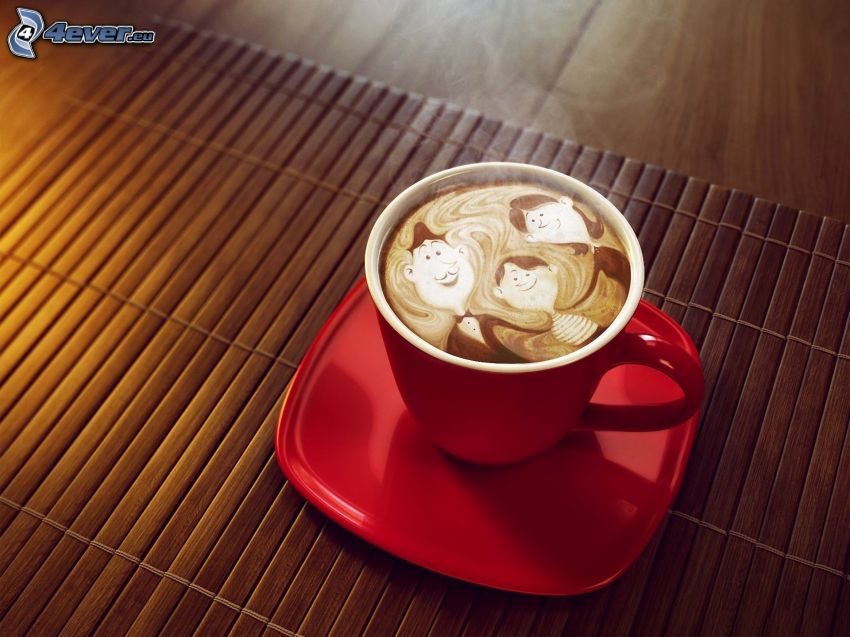 una tazza di caffè, personaggi, latte art