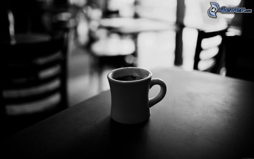 una tazza di caffè, ristorante, foto in bianco e nero